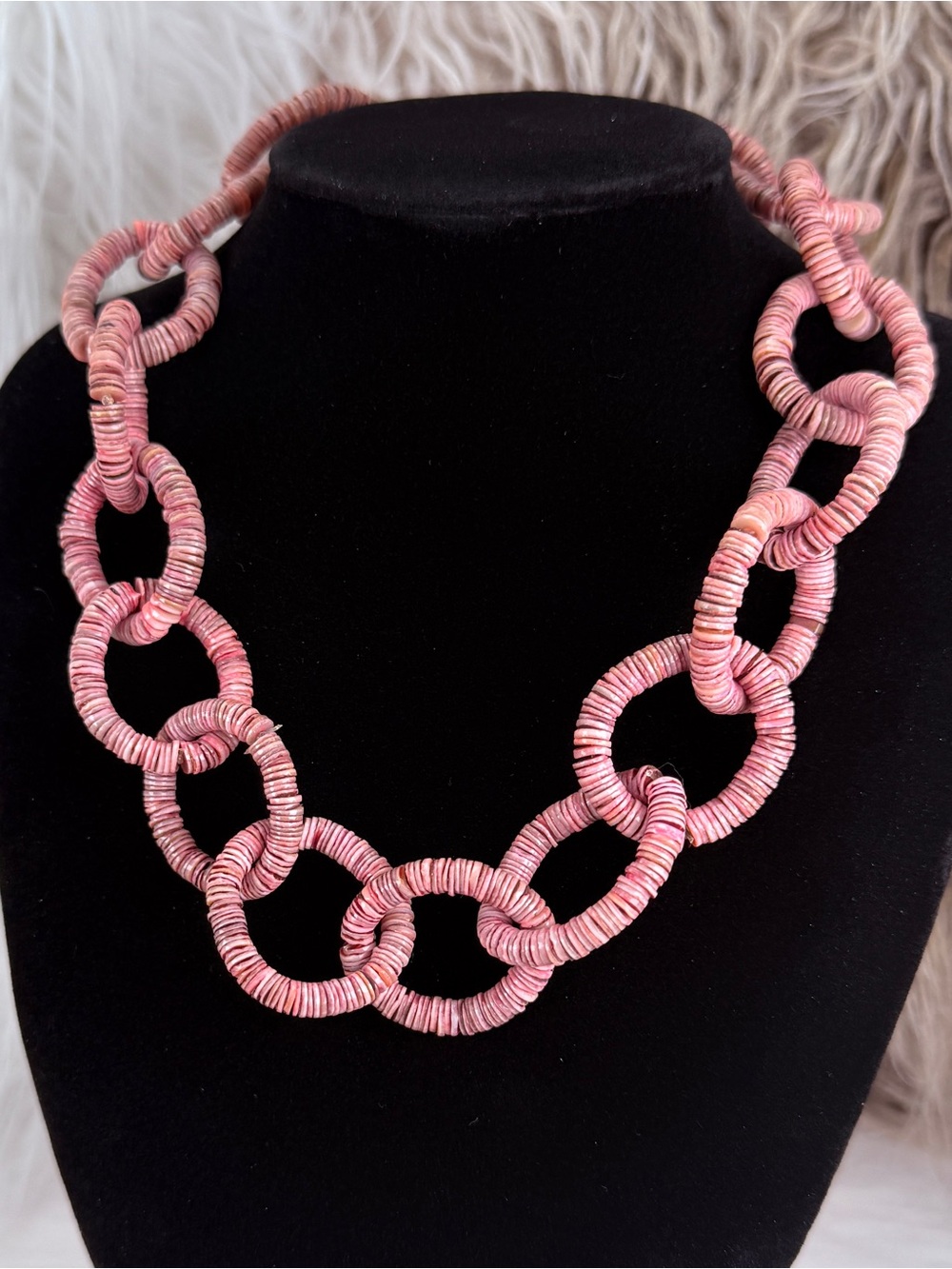 Pink Disc Wrapped Link Necklace & Hoop Earrings Statement Jewelry Set